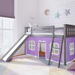 Max & Lily Low Loft Bed, Twin Bed Frame with Slide and Curtains for Bottom, Grey/Purple