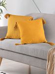 SASHAA WORLD 100% Cotton Cushion Covers with Tassels/Decorative Throw Pillow Set of 2 (16x16 inches, Mustard)