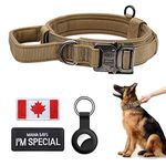 Tactical Dog Collar Thick with Handle - Heavy Duty Metal Buckle Military Dog Collar with Canada Flag Patch and Airtag Case Holder for Medium and Large Dogs Chew Proof(M(13.5''-16.5''), Brown)