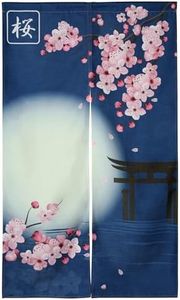 Japanese Noren Elegant Moonlight Cherry Blossom Printed Doorway Curtain Cotton Linen Tapestry Room Divider, Dark Blue 33.5" x 57"