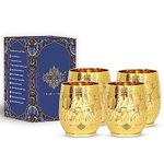 INDIAN ART VILLA Pure Brass Glass Tumbler with Full Eatched Barrel Design, for Drinking Serving Water, Yoga & Ayurveda, Volume-300 ML, Set of 4