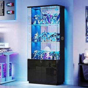 71'' Display Cabinet with Glass Doors,3-Tier High Gloss Wine Bar Cabinet with Adjustable Glass Shelf, Lockable Curio Cabinets with 3 Color Lights for Collectibles,with Hidden Storage Cabinets,Black