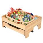 COSTWAY Train Track Set and Table, Wood Kids Play Tables with Drawer on Wheels, 100Pcs Accessories, DIY Railway Activity Playset for Boys Girls