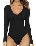 Shen&Qege Women's Bodysuits Deep V Neck Long Sleeve Stretchy Basic Bodysuit Tops