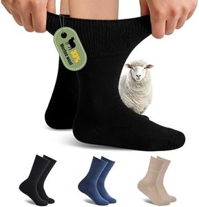 Forcool Merino Wool Crew Diabetic Socks, Loose Top Extra Wide Non-Binding and Cushioned for Men and Women, Black+Khaki+Denim blue, Medium, 3 Pairs
