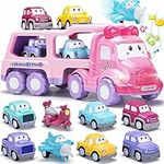 9-in-1 Cartoon Vehicle Toy for Toddler, Friction Power Transport Car with Light and Sound, Pink Carrier Truck for Baby Girls, Toys for 1 2 3 Year Old Little Girl Kid Child Infant Gift Birthday