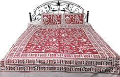 Exotic India Bedspread with Hand Printed Folk Figures Inspired by Warli Art, 8.2 x 7.2 ft