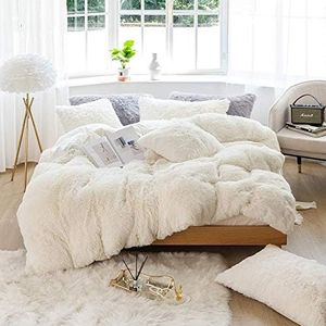 Parure de lit Sacebeleu en peluche - 220 x 240 cm - Blanc crème - Chaude - Hiver - Flanelle - Avec fermeture éclair - 2 taies d'oreiller 80 x 80 cm - Lit double