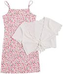 OYOANGLE Girl's 2 Piece Outfits Floral Print Sleeveless Cute Cami Dresses and Short Sleeve Lettuce Trim Tie Front Top Sets Pink White 15 Years