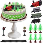 13 Pack Train Themed Cake Toppers Stand Up Train Pull-back Model Mini Train Toy Traffic Track Railway Lights Cake Decor with Green Tree Vintage Steam Engine Train Mix 8-12" Circle Cake Decorations
