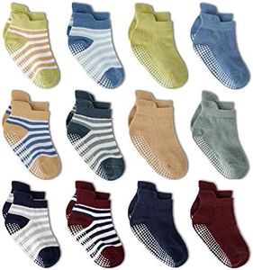 Zaples Baby Boys Non Slip Grip Ankle Socks with Non Skid Soles for Infants Toddlers Kids, 12 Pairs, Stripes Assort, 12-36 Months