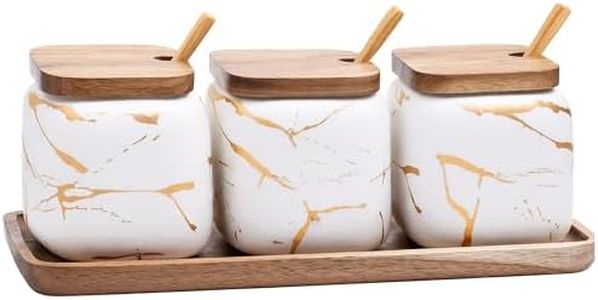 JFFLYIT 3 Pcs Sugar Bowls Ceramic Coffee Jar Set Ceramic Seasoning Jar with Lid Spoon and Tray/Food Storage Canister