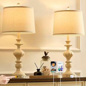 SAIWEYA 27.5" Farmhouse Table Lamps Set of 2 Bedside Nightstand Lamp with USB C+A Ports & AC Outlet, 3 Way Dimmable Touch Lamps for Bedroom Living Room Office Hallway Rustic Traditional Lamp