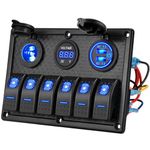 Kohree Switch Panel Marine Switch Panel with USB Switch, 6 Gang Rocker Switch Panel 12V Waterproof for Car Truck Marine Boat, Voltmeter Display Dual QC3.0 USB Socket 12 Volt Socket 12/24V Blue Lighted