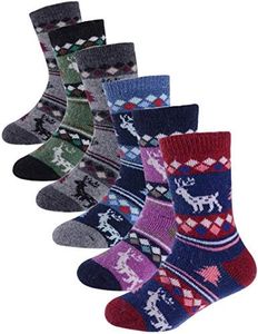 ProEtrade Merino Wool Socks for Kids Toddlers Boys Girls Thick Warm Winter Hiking Heavy Thermal Cozy Crew Boot Gift Socks 6 Pack(Deer,4-7 Y)