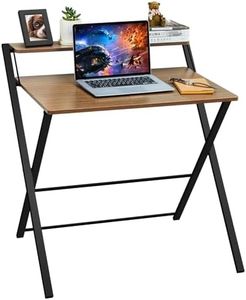 Folding Desk No Assembly Required Small Size, 2-Tier Foldable Computer Desk with Shelf for Home Office, Space Saving Portable Laptop Study Foldable Table for Small Spaces (Walnut, 69 x 56 cm)