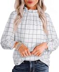 Avanova Women 3/4 Long Sleeve Work Business Top Ruffle Mock Neck Blouse Shirts, Plaid White, Large