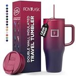 IRON °FLASK Co-Pilot Insulated Mug w/Straw & Flip Cap Lids - Cup Holder Bottle for Hot, Cold Drink - Leak-Proof - Water, Coffee Portable Travel Mug - Dark Rainbow, 32 Oz