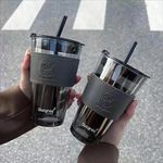 KELVEE Glass Coffee Sipper Mug With Leather Grip Pack Of 2, Clear Drinking Glasses Tumblers With Straws And Lids For Iced Tea, Juice, Cocktail, Smoothies Cold & Hot Drink Cups (Black), 400 Ml