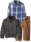 Nautica Baby Three Piece Set with Woven, Quarter Zip Sweater, Flat Front Twill Pant, Coal Heather, 12 Months