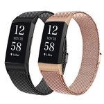 2-Pack Metal Bands Compatible with Fitbit Charge 4/ Charge 3/ Charge 3 SE Bands, Breathable Sweat-proof Stainless Steel Mesh Ring Magnetic Lock Replacement Band for Fitbit Charge 4 Bands Women Men