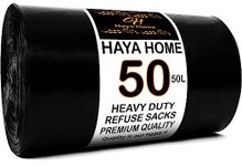 Haya Home 50L 50 Bin Bags Heavy Duty Bin Liners, Black Plastic Refuse Sacks large Garbage Waste Dustbin Bags for Kitchen Home Office DIY Garden from 100% Recycled Material