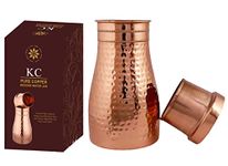 KC Pure Copper Designer Copper Water Bottle | Pitchers | Water Jug | Bedroom Jar | Bedside Bottle Carafes with Tumbler/Glass with Lid 1250 ML (Hammered)