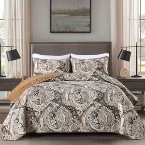 DJY Brown Paisley Quilt Set Queen Boho Bedspread Coverlet Set 3 Pieces, Soft Lightweight Microfiber Paisley Floral Pattern Bedding for All Season, 96"x90"