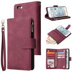 UEEBAI Wallet Case for iPhone 6 Plus 6S Plus, Premium Vintage PU Leather Magnetic Closure Handbag Zipper Pocket Case Kickstand Card Holder Slots with Wrist Strap TPU Shockproof Flip Cover - Wine Red