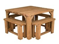 Arbor Garden Solutions Wooden picnic table with four benches set, Quadrum rounded patio furniture (Rustic brown)