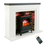 Endeavour fires Farlington Electric Fireplace, Black Log Burner Stove in 48'' Off White Surround, LED Downlights with Remote Control (Grey Top/Grey Brick)