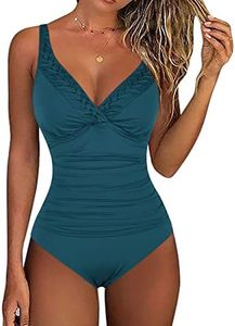 Hilor Women's One Piece Swimsuits Pin Tucked Surplice Swimwear Tummy Control Bathing Suits Monokinis Ocean Depths 6