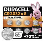 Duracell CR2032 Lithium Coin Batteries 3V (8 Pack) - Up to 70% Extra Life - Baby Secure Technology & Packaging – For Apple AirTags, Key Fobs, Home Devices, Fitness and Medical Accessories