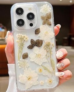 ELEPIK Real Flower Series for iPhone 15 Pro Max Case Clear, [Handmade Real Flower Design] Glitter Cute Floral Pattern Slim Soft TPU Protective Women Girl's Phone Cover, White