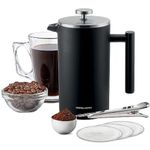 andrew james Double Walled Stainless Steel Cafetiere Gift Set With 3 Mesh Filters, Coffee Measuring Spoon And Bag Sealing Clip, Delicious French Press Coffee, Easy to Clean (350ml, Black)