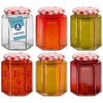 HEFTMAN Small Glass Jars with Lids - 6 Pack Airtight 480ml Jam Jars with Red Gingham Lids for Use as Pickling Jars, Glass Jars for Candle Making, Preserving Jars - Hexagonal Small Jars (Empty)