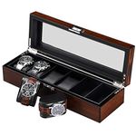 BEWISHOME Wooden Watch Box for Men - Luxury Watch Case, Real Glass Top, Smooth Faux Leather Interior, 6 Slot Watch Organizer,Brown SSH06Y