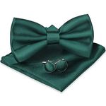 URAQT Men's Bow Tie Set, Classic Solid Color Pre-Tied Bow Tie and Pocket Square Cufflink Set for Men, Satin Tux Bowtie & Handkerchief, Adjustable Formal Neck Bowtie for Parties, Wedding (Green)