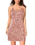 MANER Women's Glitter Sequin Dress Adjustable Spaghetti Strap Sparkle Party Dresses, Rose Gold, Large