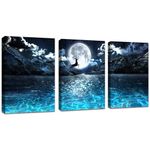 FajerminArt 3 Panels Framed Canvas Wall Art Bright Moon on Blue Ocean Night Pictures Printing Painting Poster Blue Gray Canvas Prints Wall Decor for Bedroom Living Room Bathroom Office 30x40cmx3Pcs