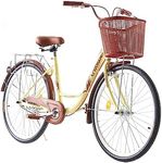 BSTSEL 26 Inch Wheels Vintage bike Fabric Bike City Classic Bicycle, Retro Bicycle With 1 Speed Shimano Gears, Sprung Saddle, Rack And Front Basket Formal Road Bike For Woman (Brown)