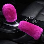 OGLAND Fluffy Natural Fur Sheepskin Car Gear Shift Handle Level Stick Knob Covers for Automobile Selector Handball Collar, Handbrake Cover (Magenta)