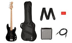 Squier by Fender Precision Bass Guitar Kit, Affinity Series, Laurel Fingerboard, Black, Poplar Body, Maple Neck, with Guitar Bag and Rumble 15 Amp Bass Amp, Cable, Guitar Strap and More