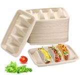 50 Pack Taco Holder Stand, Disposable Taco Plate with 3 Dividers for Party, Natural Bagasse Fiber Material