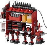 Sttoraboks Modular Power Tool Organizer with Charging Station, Wall Mount Garage 4 Drill Shelf Rack with hooks, Heavy Duty Tool Battry Holder Built in 8 Outlet Power Strip, 3 Layers Shelf, Red