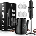 Zulay Kitchen Premium Gift Milk Frother Complete Set - Handheld Foam Maker, Stencils & Frothing Pitcher Set - Whisk Drink Mixer for Coffee - Mini Blender for Cappuccino, Frappe - Black