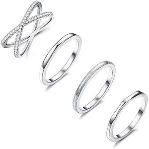 LOYALLOOK 4PCS Stainless Steel Stacking Wedding Band Rings Women CZ Criss Cross Ring Girls Engagement Eternity Knuckle Mid Ring Set, Size 4-10