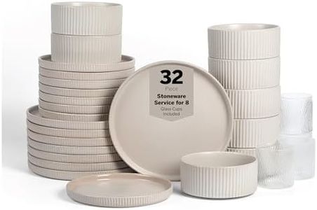 Stone Lain Haven Stoneware 32-Piece Dinnerware Set, Plates and Bowls Sets for 8, Dish Set, Includes Dinner Plates, Salad Plates, Cereal Bowls, Glassware, Microwave & Dishwasher Safe, Beige