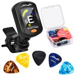 MOREYES Professional Guitar Tuner Clip On with 28Pcs Guitar Picks, Guitar Tuner for Acoustic Guitar, Electric Guitar, Bass, Ukulele & Chromatic Tuning Modes, Full Color Display, Rechargeable