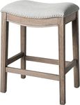 Maven Lane Adrien 66 cm Counter Height Upholstered Backless Saddle Barstool in Reclaimed Oak Finish with Ash Grey Fabric Cushion Seat, Hand-applied nail heads